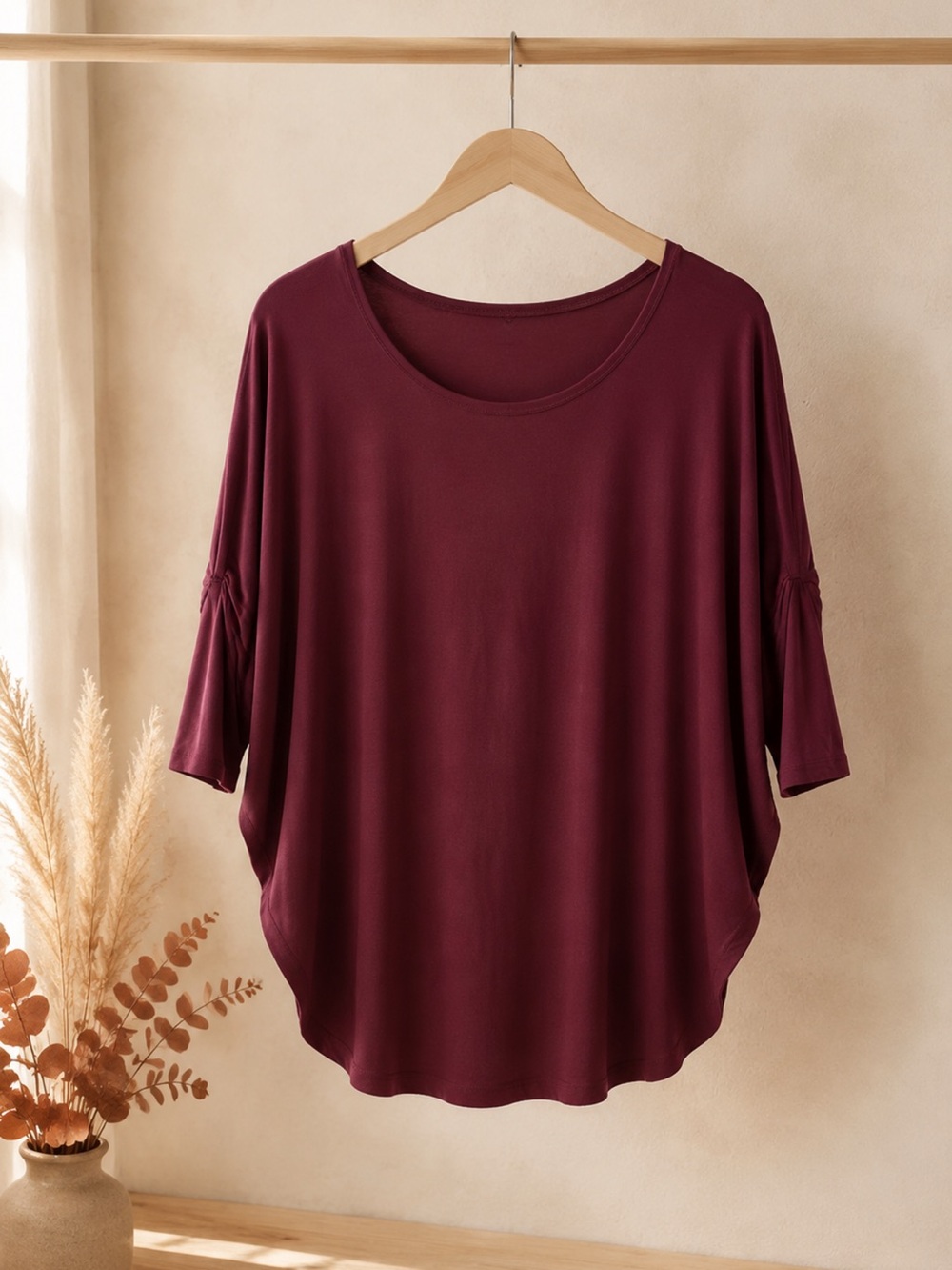 Agnes & Dora Scoop Neck Short Sleeve Top in Wine - Picture 2 of 2